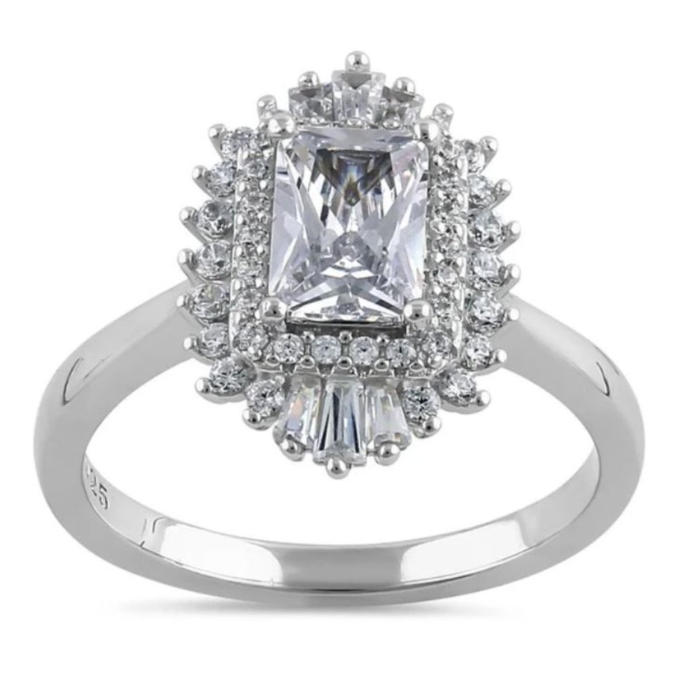 Antique Style Ring Radiant Cut CZ With Tapered Baguettes 925 Sterling Silver - Picture 14 of 16